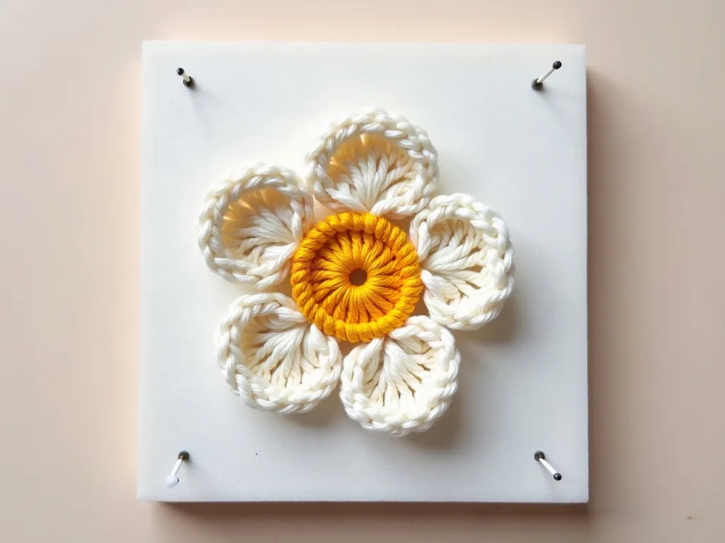 Best Cotton Yarn for Crochet Flowers: Top 5 Brands Tested for Crisp Petals - Stitchin' Crochet Step 3 Steam blocking delicate crochet flowers on foam mat with rustproof pins
